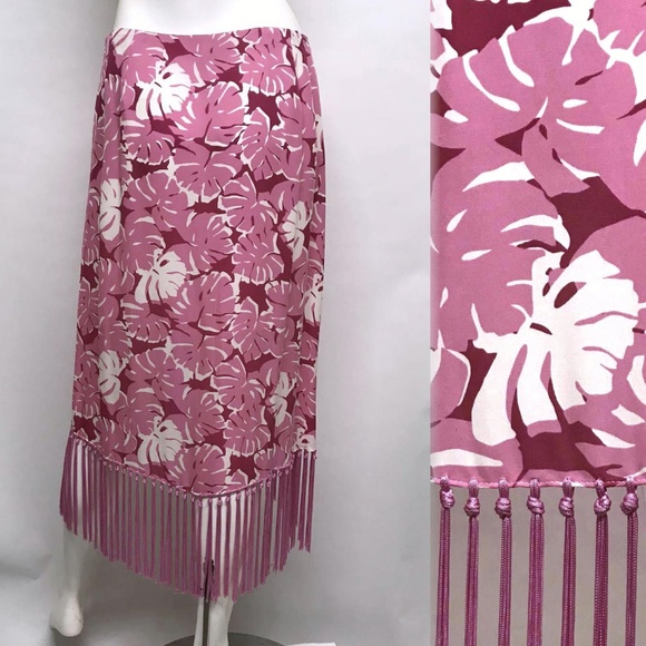 MICHAEL KORS Pink Silk TROPICAL Skirt FRINGE 8 M - Picture 7 of 8